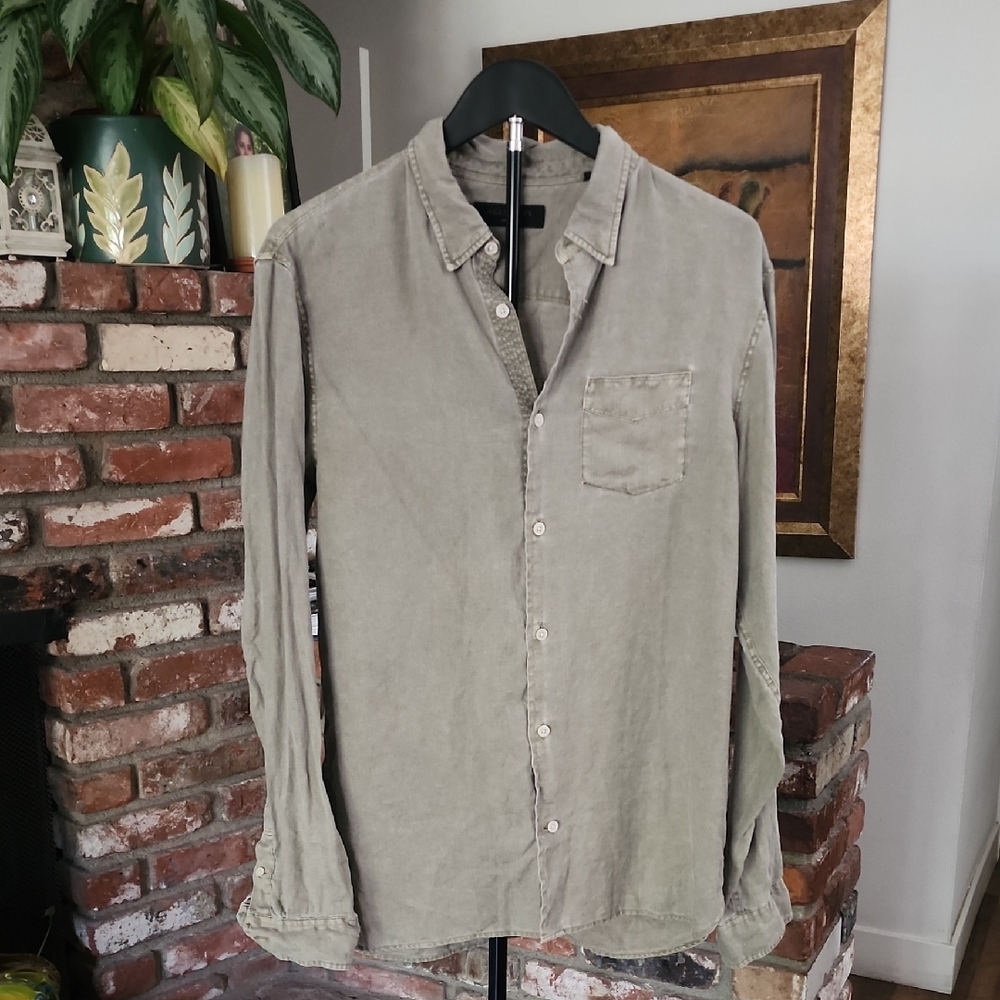 AllSaints Men’s Linen Button Down Shirt Size L Taupe Casual